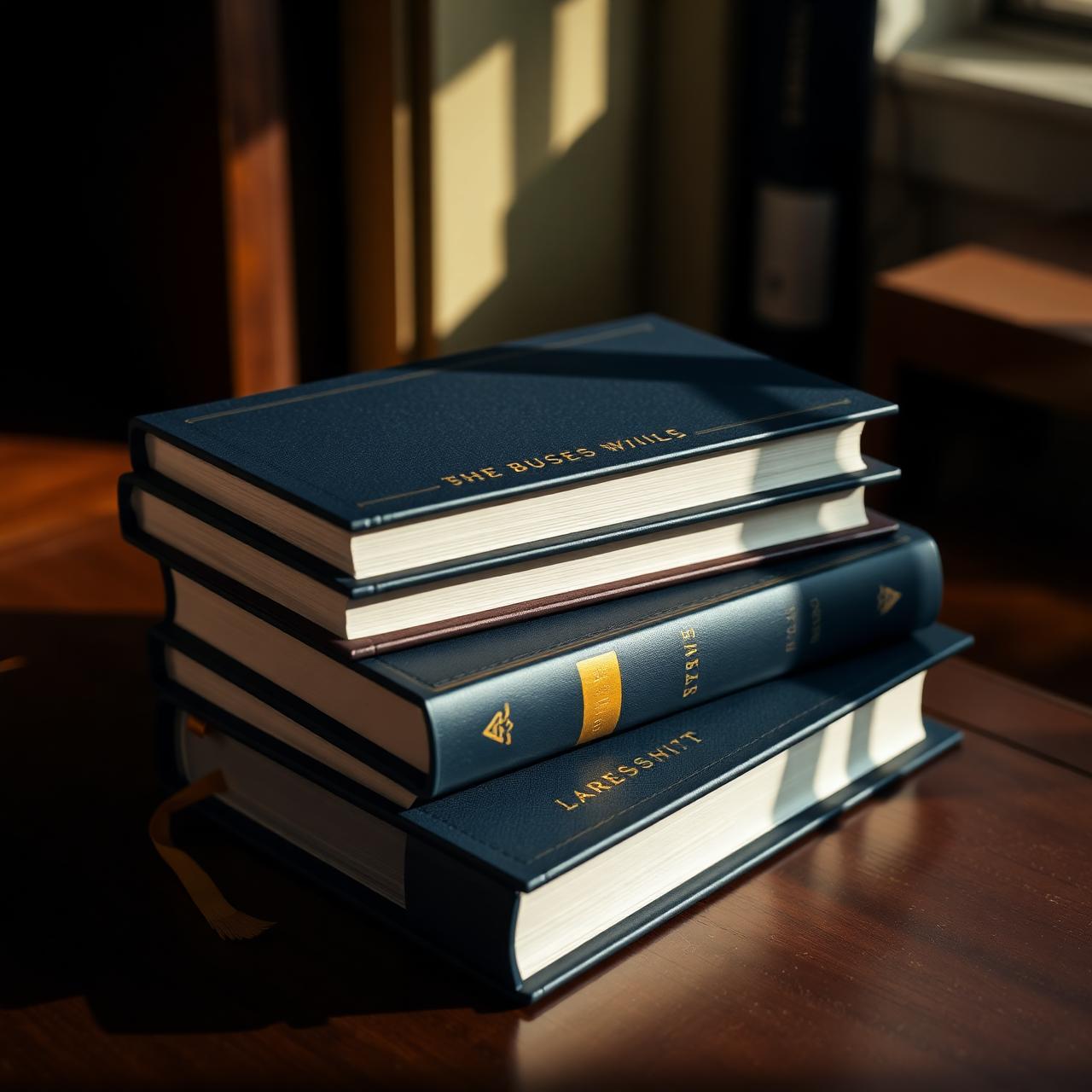 Stack of business books on a desk